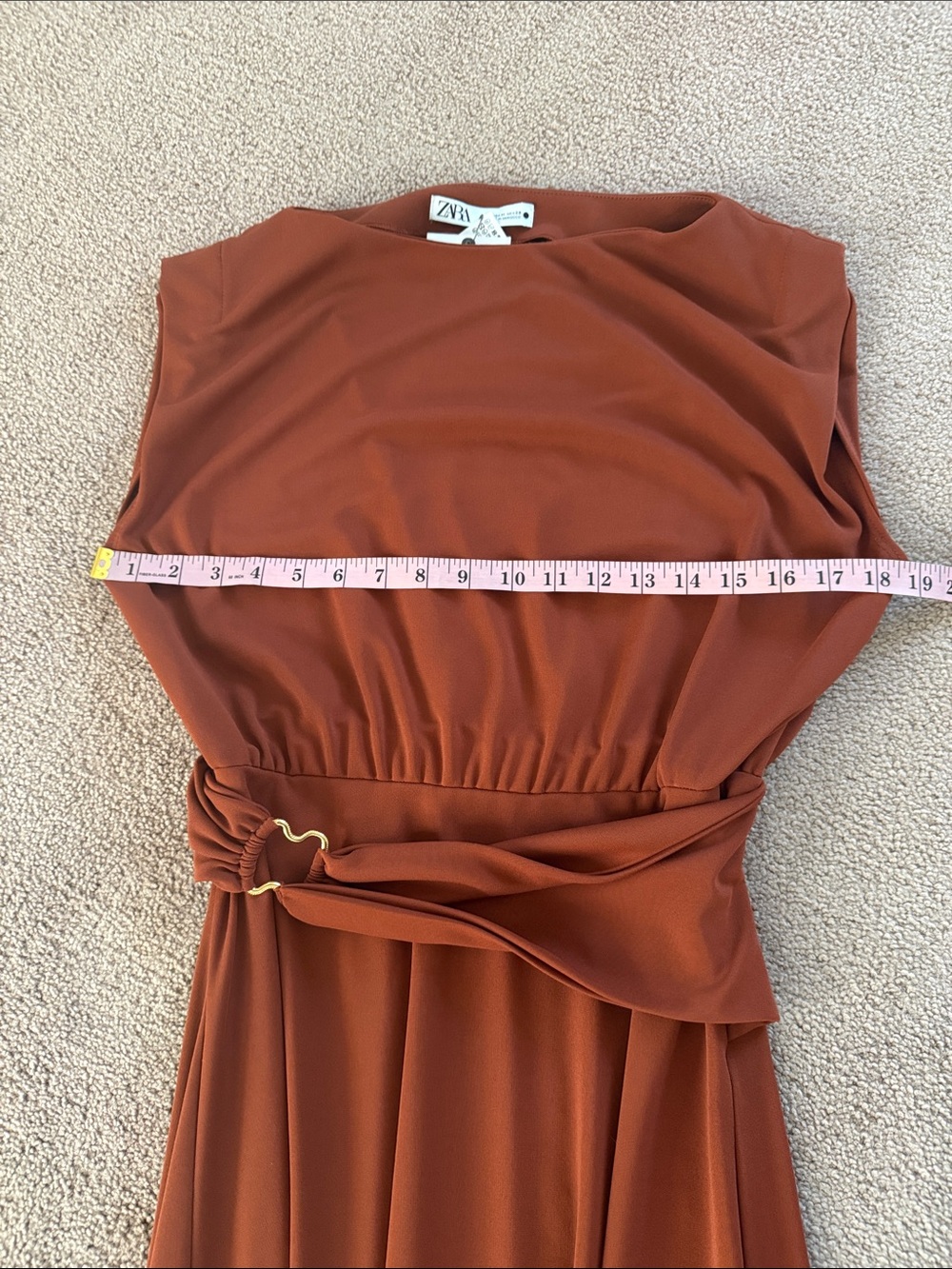 Zara Rust Red-Brown Tobacco Sleeveless Maxi Dress with Draped Waist Ring - Picture 5 of 14